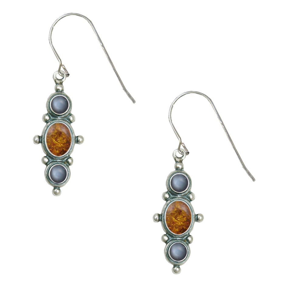 Sterling Silver Drop Dangle Earrings With Amber And Grey Moonstone